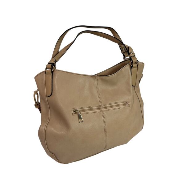 Tan Vegan Leather Shoulder Bag Detachable Crossbody Strap Goldtone Hardware - Picture 3 of 7